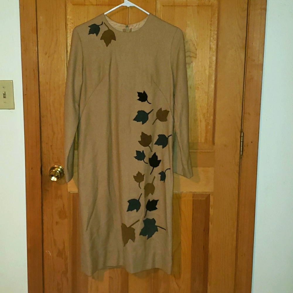 Wool Dress Vintage Fall Leaves Tan MOTH HOLES